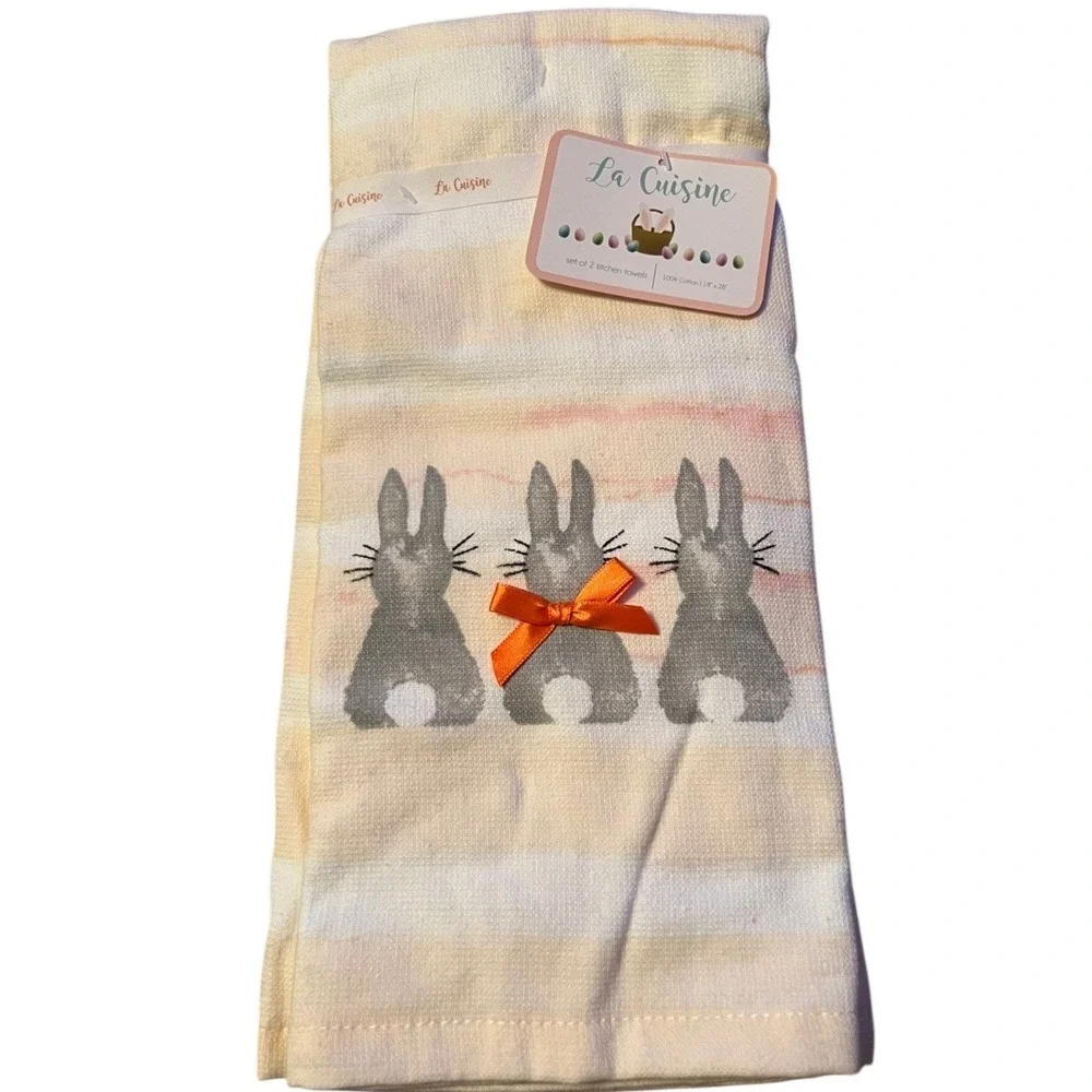 La Cuisine Kitchen Towels Unisex 18x28 Cream New Easter Bunny Set of 2 Cotton
